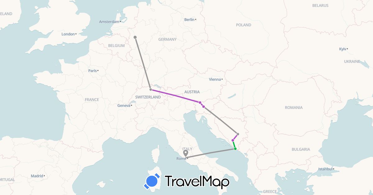 TravelMap itinerary: driving, bus, plane, train in Bosnia and Herzegovina, Switzerland, Germany, Croatia, Italy, Slovenia (Europe)