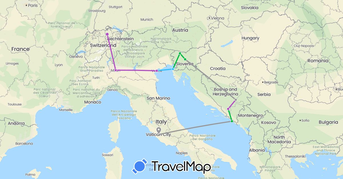 TravelMap itinerary: driving, bus, plane, train, boat in Bosnia and Herzegovina, Switzerland, Croatia, Italy, Slovenia (Europe)