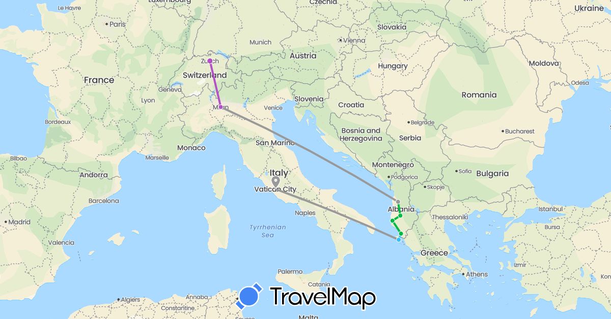 TravelMap itinerary: driving, bus, plane, train, boat in Albania, Switzerland, Greece, Italy (Europe)
